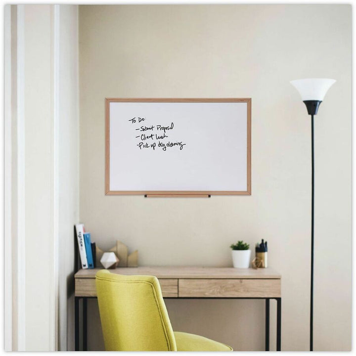 Image of Universal UNV43619 Dry Erase Board, 36" (3 ft) Width x 24" (2 ft) Height, White Melamine Surface, Oak Medium Density Fiber (MDF) Frame, 1 Each