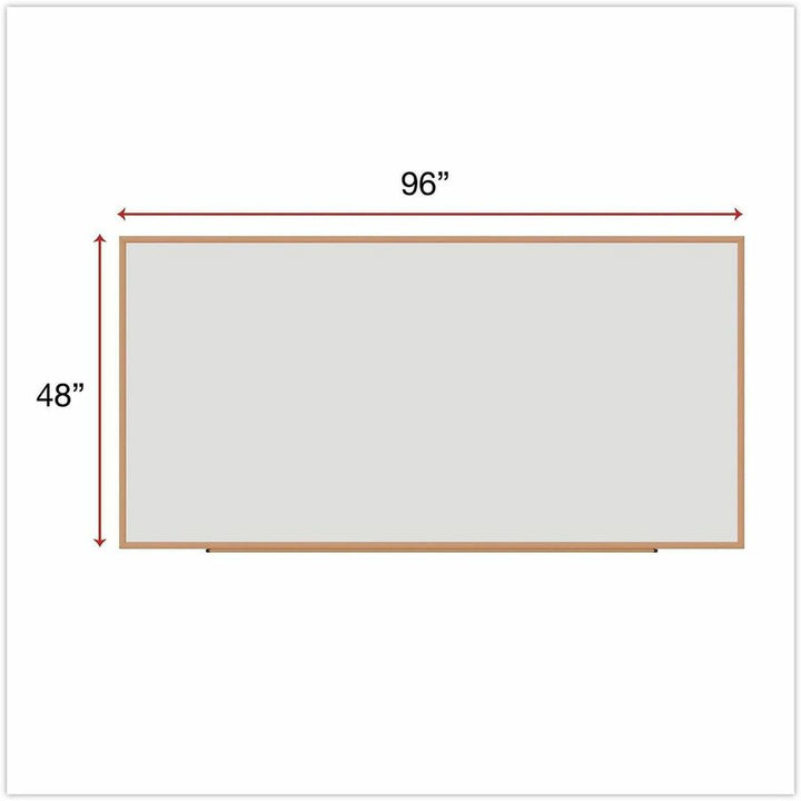 Image of Universal UNV43620 Dry Erase Board, 96" (8 ft) Width x 48" (4 ft) Height, White Melamine Surface, Oak Medium Density Fiber (MDF) Frame, 1 Each