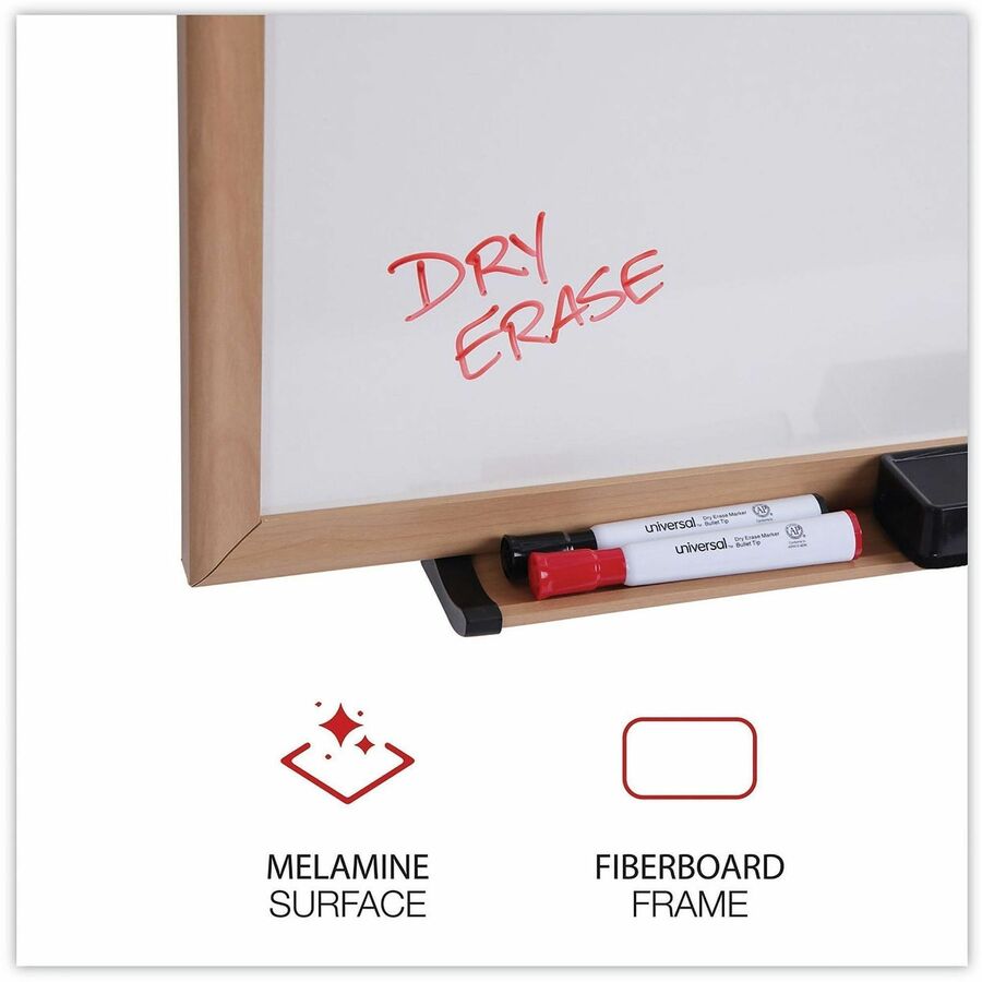 Image of Universal UNV43620 Dry Erase Board, 96" (8 ft) Width x 48" (4 ft) Height, White Melamine Surface, Oak Medium Density Fiber (MDF) Frame, 1 Each