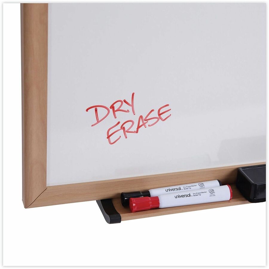 Image of Universal UNV43620 Dry Erase Board, 96" (8 ft) Width x 48" (4 ft) Height, White Melamine Surface, Oak Medium Density Fiber (MDF) Frame, 1 Each