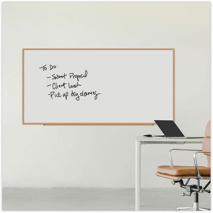 Image of Universal UNV43620 Dry Erase Board, 96" (8 ft) Width x 48" (4 ft) Height, White Melamine Surface, Oak Medium Density Fiber (MDF) Frame, 1 Each