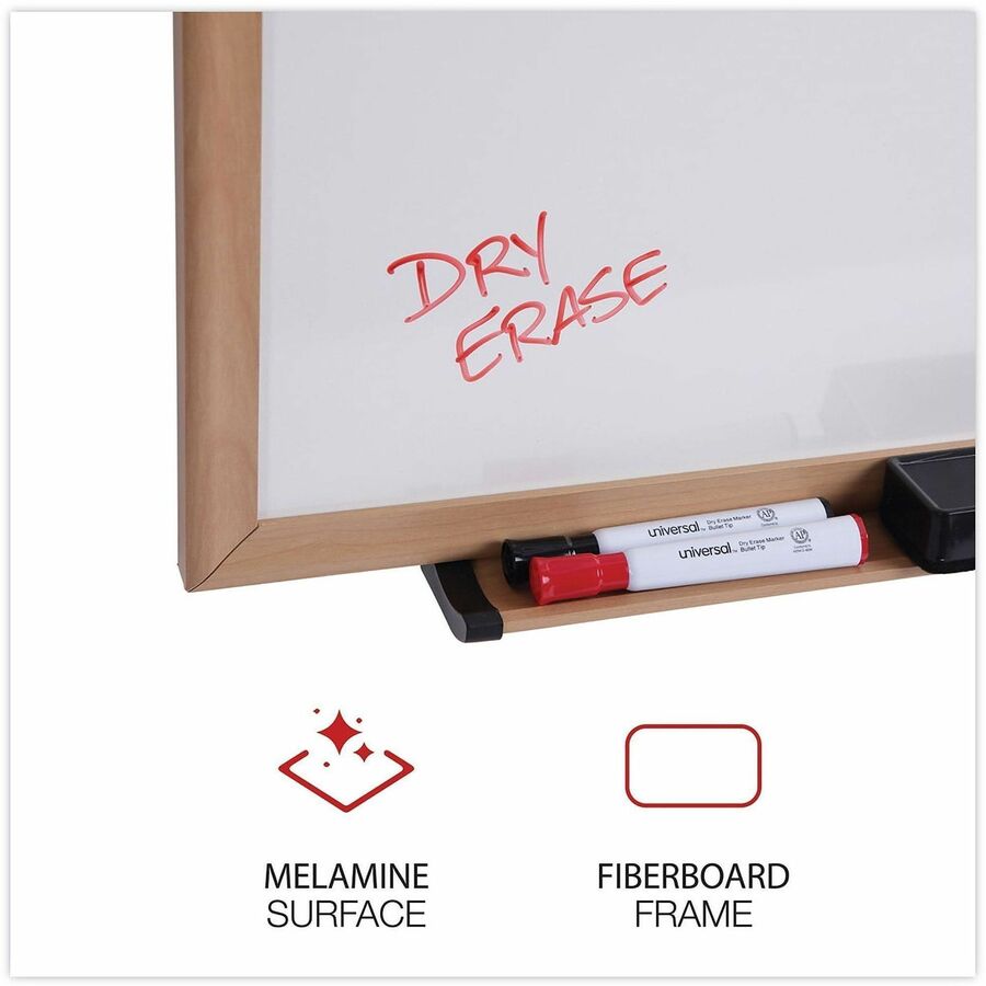 Image of Universal UNV43621 Dry Erase Board, 72" (6 ft) Width x 48" (4 ft) Height, White Melamine Surface, Oak Medium Density Fiber (MDF) Frame, 1 Each
