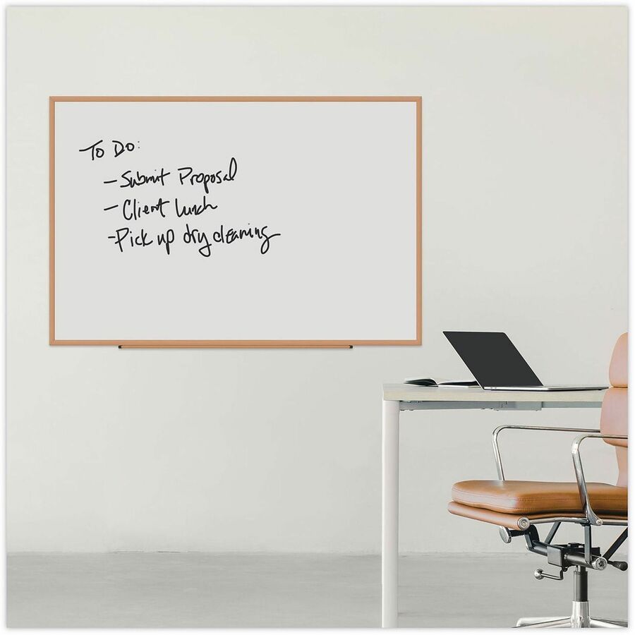 Image of Universal UNV43621 Dry Erase Board, 72" (6 ft) Width x 48" (4 ft) Height, White Melamine Surface, Oak Medium Density Fiber (MDF) Frame, 1 Each