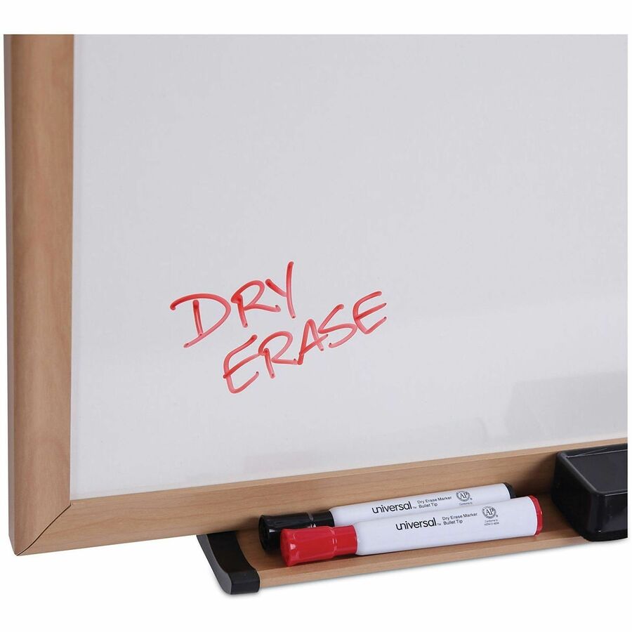 Image of Universal UNV43621 Dry Erase Board, 72" (6 ft) Width x 48" (4 ft) Height, White Melamine Surface, Oak Medium Density Fiber (MDF) Frame, 1 Each