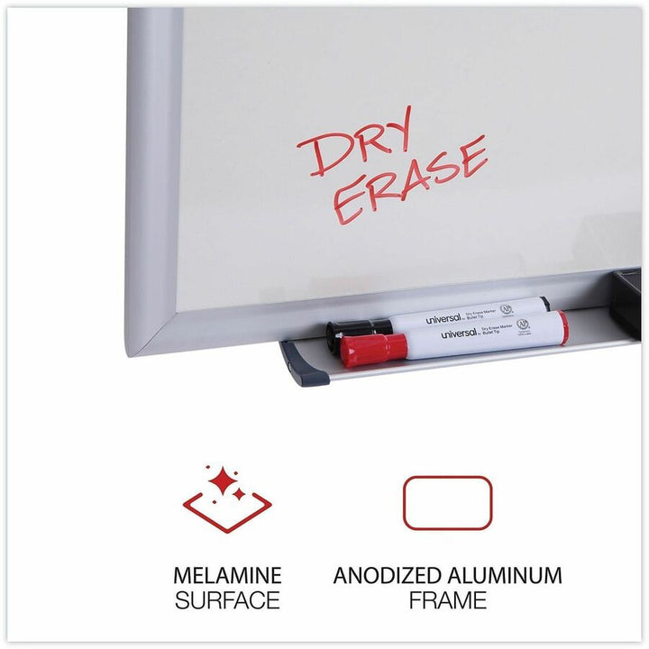 Image of Universal UNV43625 Dry Erase Board, 60" (5 ft) Width x 36" (3 ft) Height, White Melamine Surface, Anodized Aluminum Frame, 1 Each