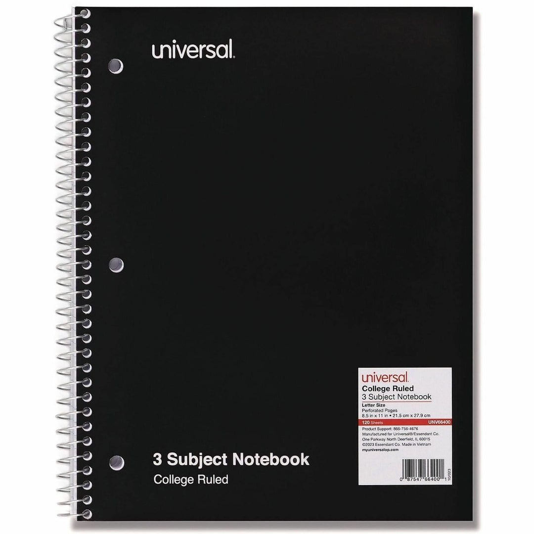 Image of Universal® Wirebound Notebook, 3-Subject, Medium/College Rule, Black Cover, (120) 11 x 8.5 Sheets