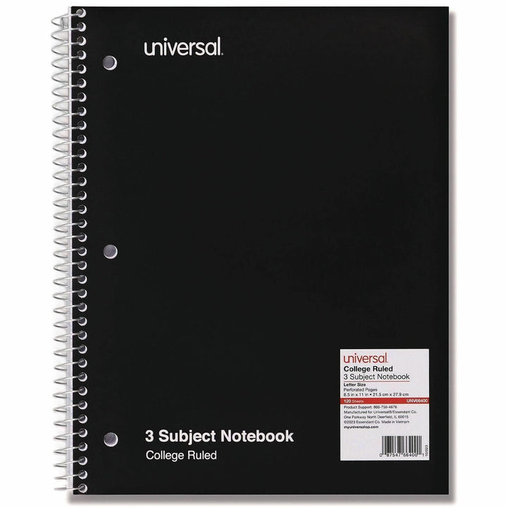 Image of Universal® Wirebound Notebook, 3-Subject, Medium/College Rule, Black Cover, (120) 11 x 8.5 Sheets
