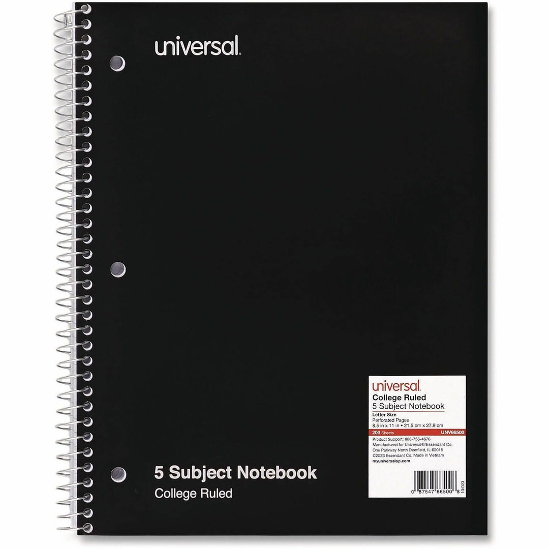 Image of Universal® Wirebound Notebook, 5-Subject, Medium/College Rule, Black Cover, (200) 11 x 8.5 Sheets