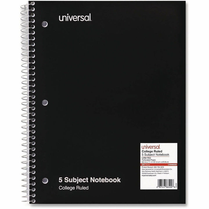 Image of Universal® Wirebound Notebook, 5-Subject, Medium/College Rule, Black Cover, (200) 11 x 8.5 Sheets