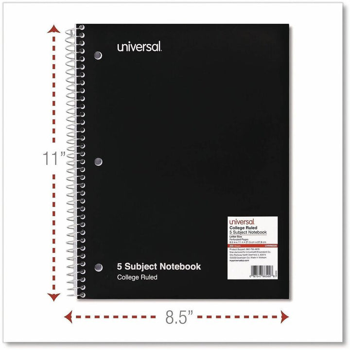 Image of Universal® Wirebound Notebook, 5-Subject, Medium/College Rule, Black Cover, (200) 11 x 8.5 Sheets