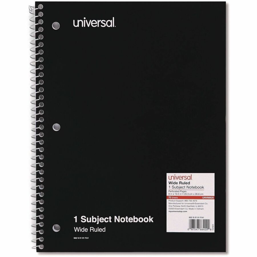 Image of Universal® Wirebound Notebook, 1-Subject, Wide/Legal Rule, Black Cover, (70) 10.5 x 8 Sheets