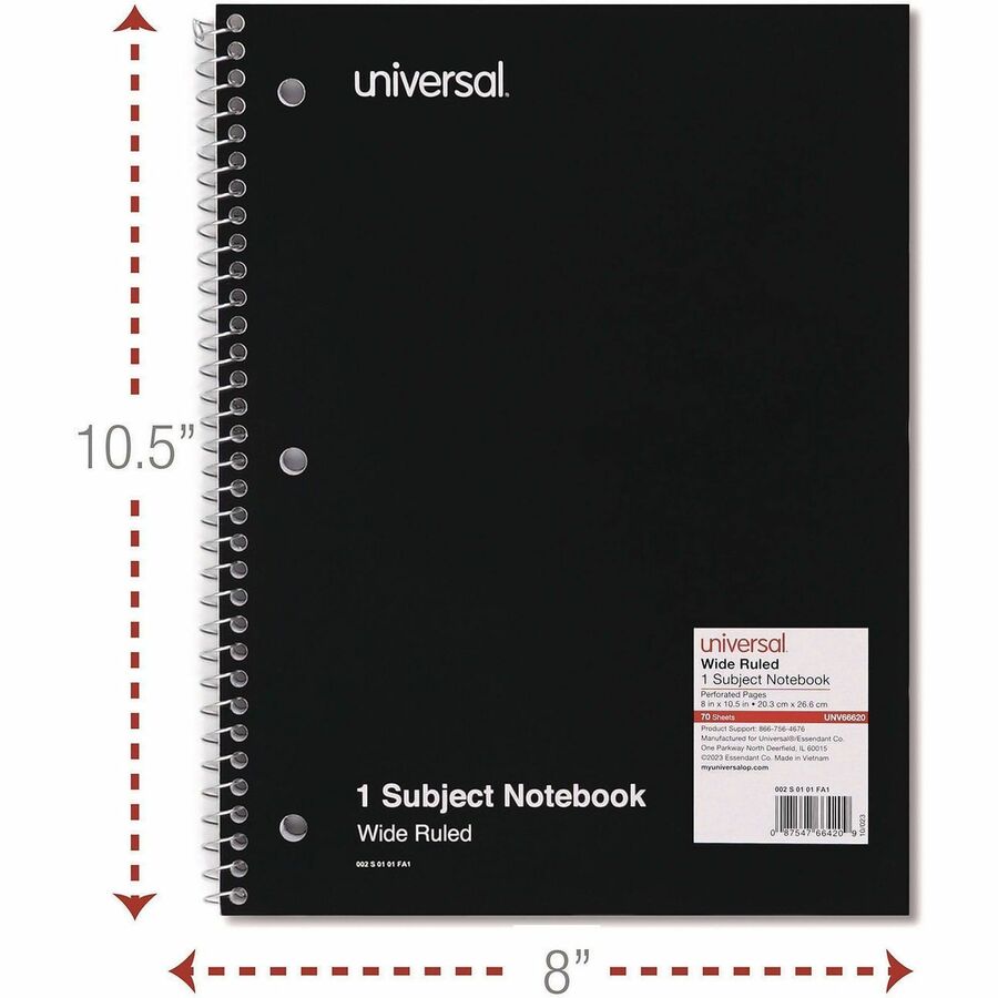 Image of Universal® Wirebound Notebook, 1-Subject, Wide/Legal Rule, Black Cover, (70) 10.5 x 8 Sheets