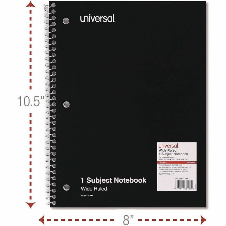 Image of Universal® Wirebound Notebook, 1-Subject, Wide/Legal Rule, Black Cover, (70) 10.5 x 8 Sheets