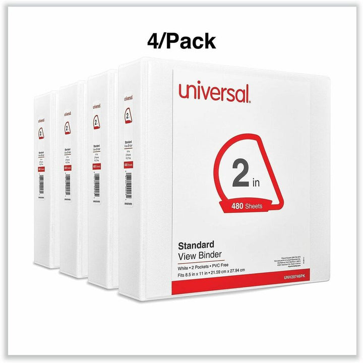 Image of Universal UNV20746PK Slant D-Ring View Binder, 3 Rings, 2" Capacity, 11 x 8.5, White, 4/Pack