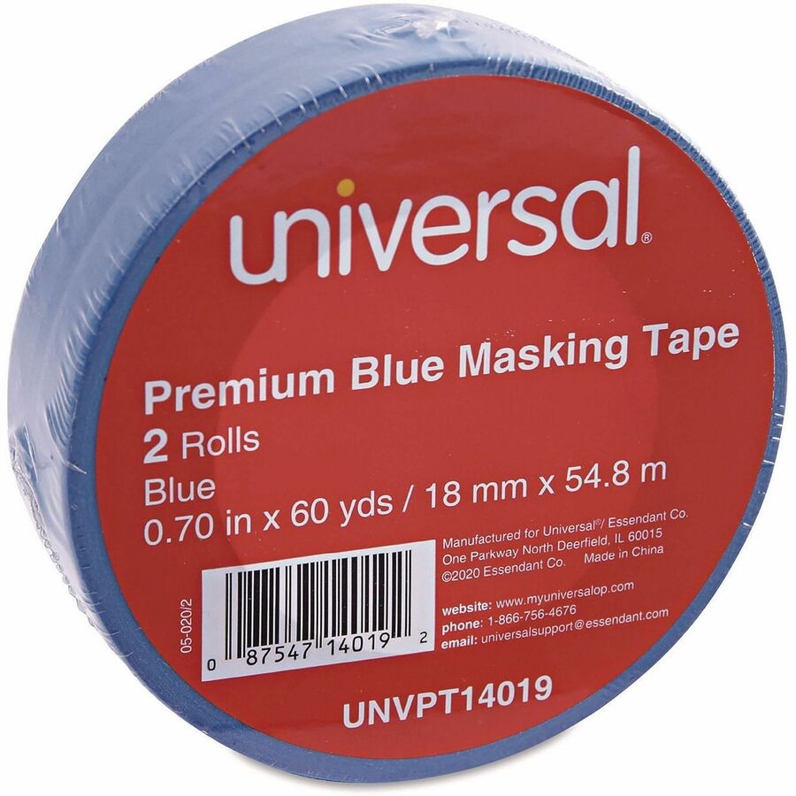 Image of Universal UNVPT14019 Masking Tape, 59.93 yd Length x 0.71" W x 5 mil Thickness, 3" Core, Blue, Synthetic Rubber, Crepe Paper Backing, 2 / Pack