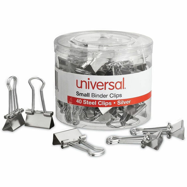 Image of Universal UNV11240 Binder Clips with Storage Tub, Small, Silver, 40/Pack