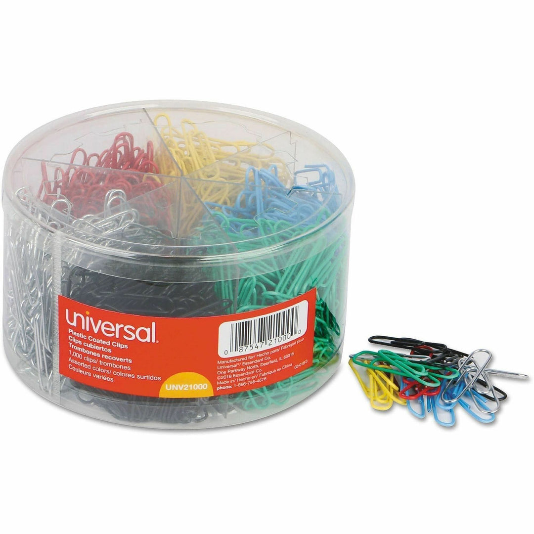 Image of Universal UNV21000 Paper Clip, No. 3, 0.9" L x 0.5" Width, Assorted, Black, Blue, Green, Red, Silver, Yellow, Plastic, Steel Wire, 1000 / Pack