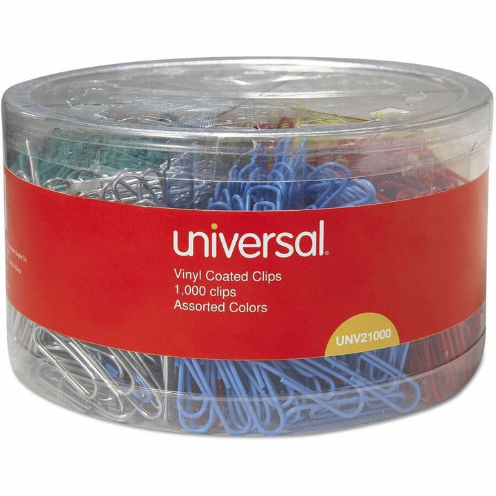 Image of Universal UNV21000 Paper Clip, No. 3, 0.9" L x 0.5" Width, Assorted, Black, Blue, Green, Red, Silver, Yellow, Plastic, Steel Wire, 1000 / Pack