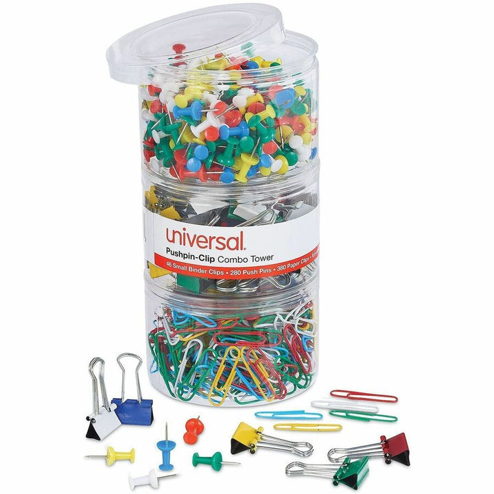 Image of Universal UNV31203 Binder Clip/Paper Clip/Push Pin Set, Assorted Sizes, Assorted, Blue, Green, Red, White, Yellow, Metal, Plastic, 1 Kit