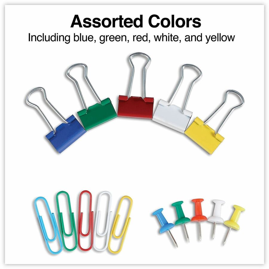 Image of Universal UNV31203 Binder Clip/Paper Clip/Push Pin Set, Assorted Sizes, Assorted, Blue, Green, Red, White, Yellow, Metal, Plastic, 1 Kit