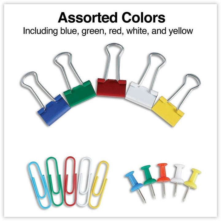 Image of Universal UNV31203 Binder Clip/Paper Clip/Push Pin Set, Assorted Sizes, Assorted, Blue, Green, Red, White, Yellow, Metal, Plastic, 1 Kit
