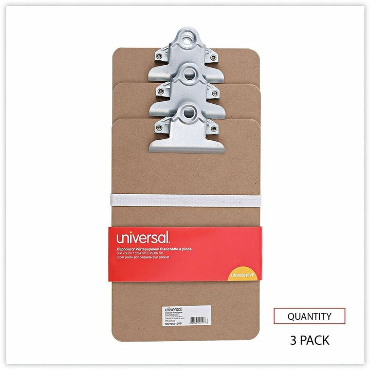 Image of Universal UNV05610VP Clipboard, 0.75" Clip Capacity, Storage for Document, Form, Paper, 5" x 8" Sheet Size, Hardboard, Brown, 3 / Pack