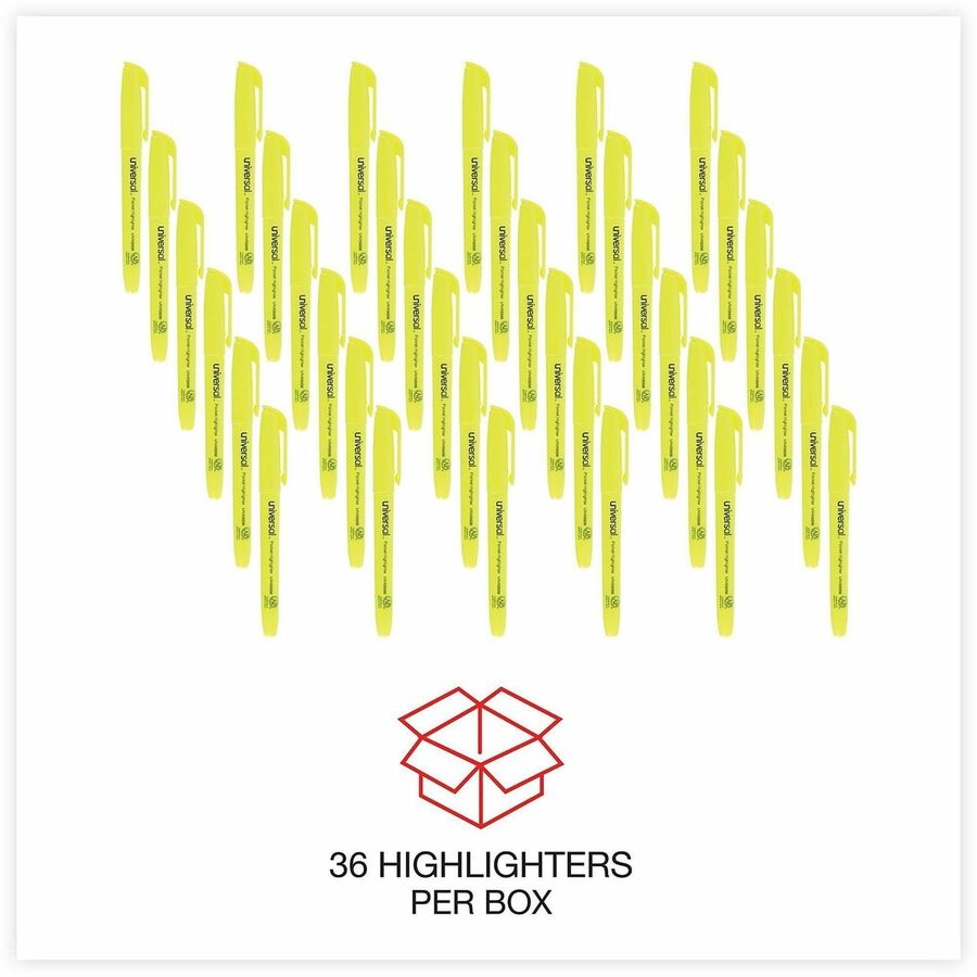 Image of Universal UNV08856 Highlighter, Fluorescent Yellow Ink, Yellow Barrel, 36 / Pack