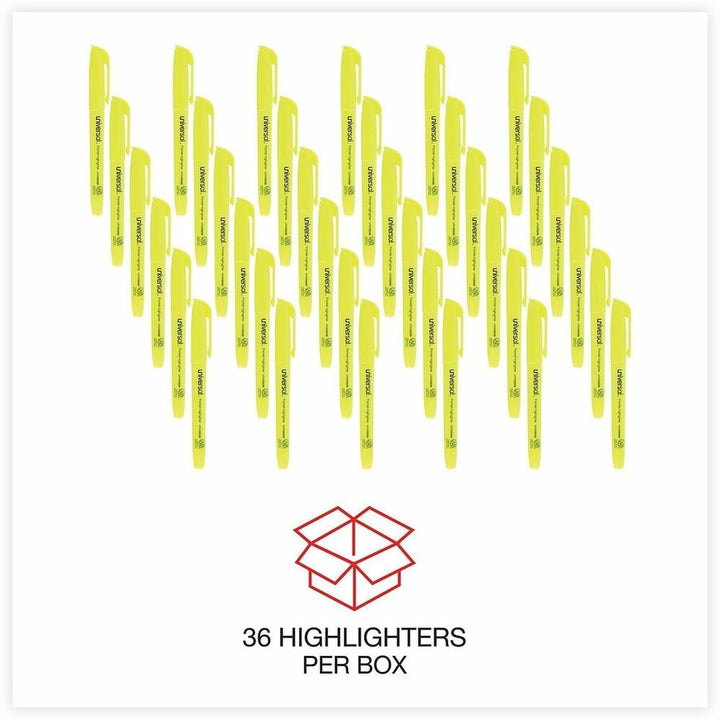Image of Universal UNV08856 Highlighter, Fluorescent Yellow Ink, Yellow Barrel, 36 / Pack
