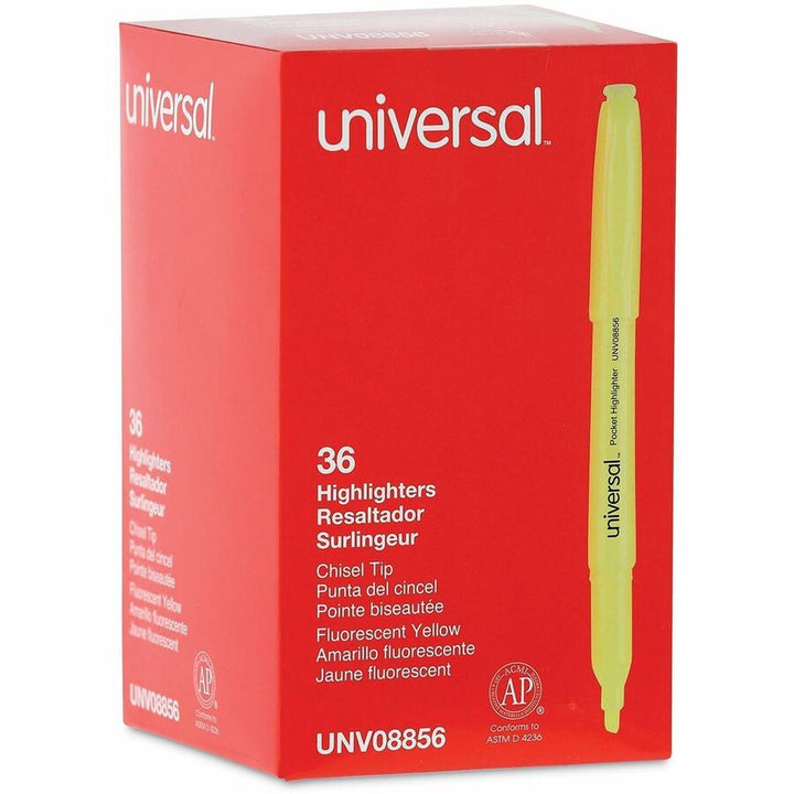 Image of Universal UNV08856 Highlighter, Fluorescent Yellow Ink, Yellow Barrel, 36 / Pack