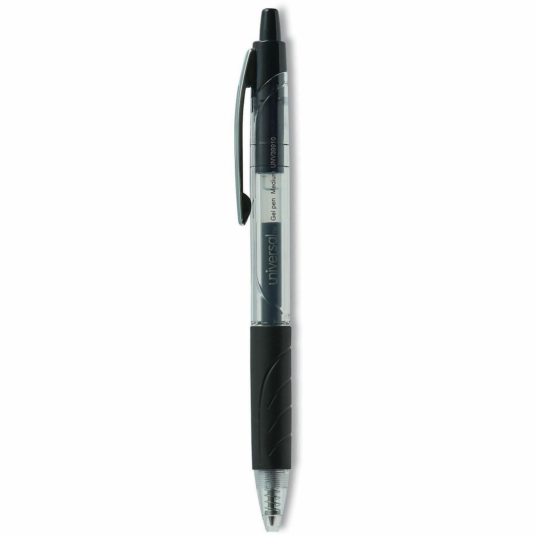 Image of Universal UNV39910 Comfort Grip Gel Pen, 0.7 mm Medium Conical Pen Point, Retractable, Black Ink, Water Based, Clear, Black Barrel, 36 / Pack