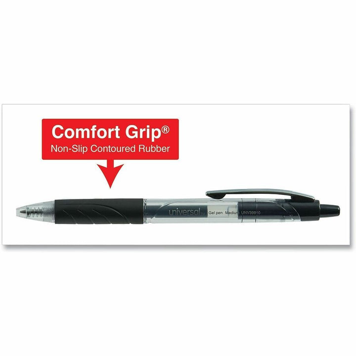 Image of Universal UNV39910 Comfort Grip Gel Pen, 0.7 mm Medium Conical Pen Point, Retractable, Black Ink, Water Based, Clear, Black Barrel, 36 / Pack