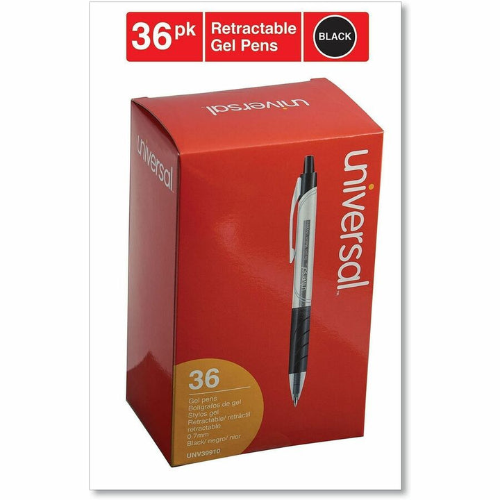 Image of Universal UNV39910 Comfort Grip Gel Pen, 0.7 mm Medium Conical Pen Point, Retractable, Black Ink, Water Based, Clear, Black Barrel, 36 / Pack