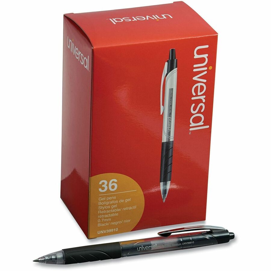 Image of Universal UNV39910 Comfort Grip Gel Pen, 0.7 mm Medium Conical Pen Point, Retractable, Black Ink, Water Based, Clear, Black Barrel, 36 / Pack