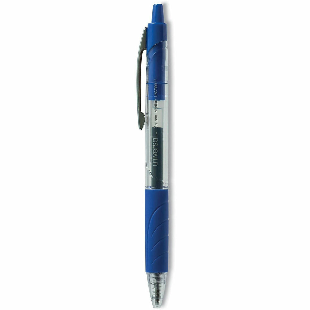 Image of Universal UNV39911 Comfort Grip Gel Pen, 0.7 mm Medium Conical Pen Point, Retractable, Blue Ink, Water Based, Clear, Blue Barrel, 36 / Pack