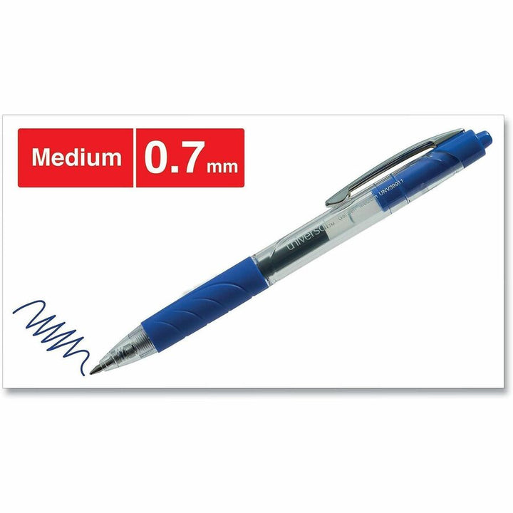 Image of Universal UNV39911 Comfort Grip Gel Pen, 0.7 mm Medium Conical Pen Point, Retractable, Blue Ink, Water Based, Clear, Blue Barrel, 36 / Pack