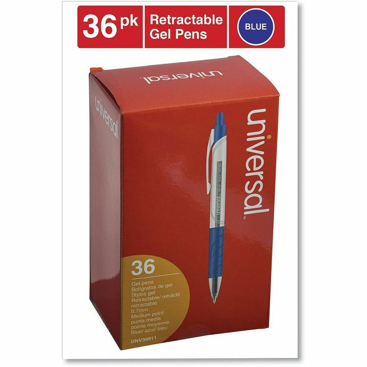 Image of Universal UNV39911 Comfort Grip Gel Pen, 0.7 mm Medium Conical Pen Point, Retractable, Blue Ink, Water Based, Clear, Blue Barrel, 36 / Pack