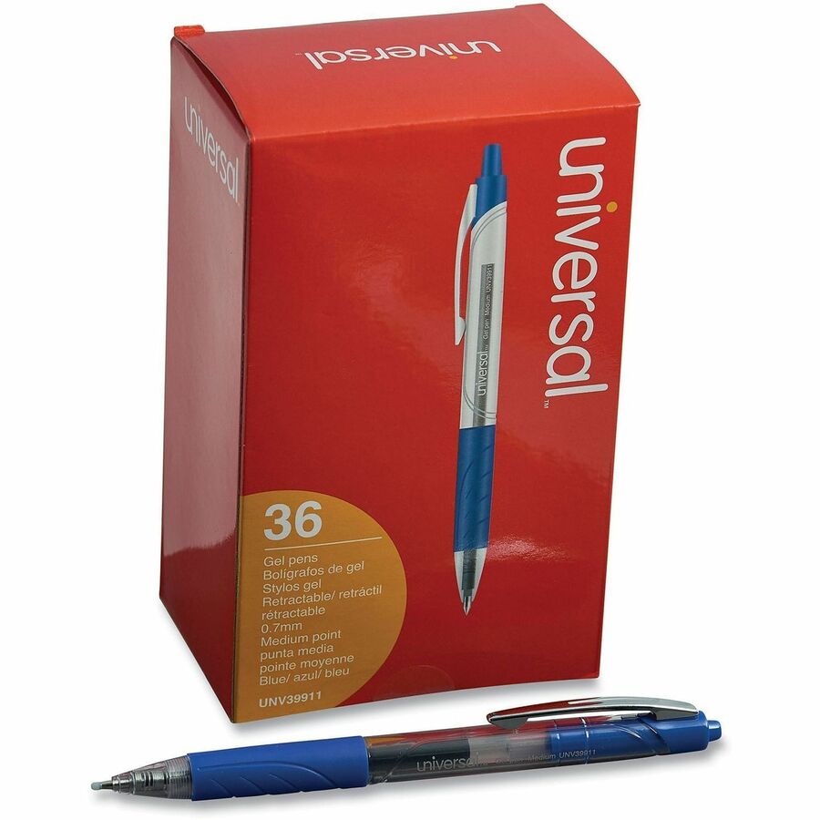 Image of Universal UNV39911 Comfort Grip Gel Pen, 0.7 mm Medium Conical Pen Point, Retractable, Blue Ink, Water Based, Clear, Blue Barrel, 36 / Pack