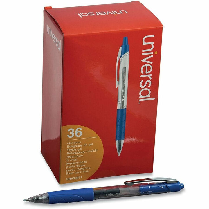 Image of Universal UNV39911 Comfort Grip Gel Pen, 0.7 mm Medium Conical Pen Point, Retractable, Blue Ink, Water Based, Clear, Blue Barrel, 36 / Pack