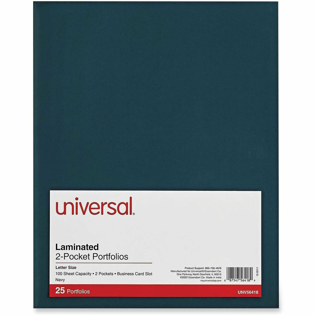 Image of Universal UNV56418 Pocket Folder, 11" x 8 1/2", 100 Sheets Capacity, 2 Inside Front & Back Pocket, Blue, Laminated, 25 / Pack