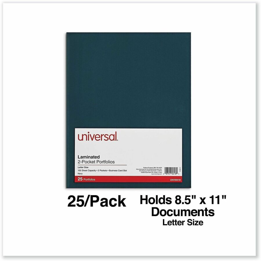 Image of Universal UNV56418 Pocket Folder, 11" x 8 1/2", 100 Sheets Capacity, 2 Inside Front & Back Pocket, Blue, Laminated, 25 / Pack