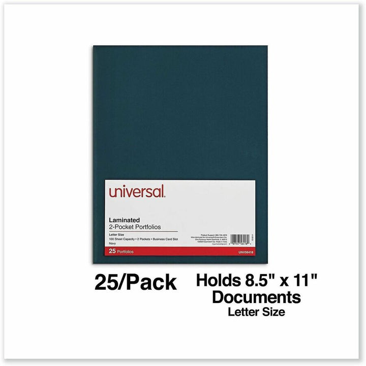 Image of Universal UNV56418 Pocket Folder, 11" x 8 1/2", 100 Sheets Capacity, 2 Inside Front & Back Pocket, Blue, Laminated, 25 / Pack