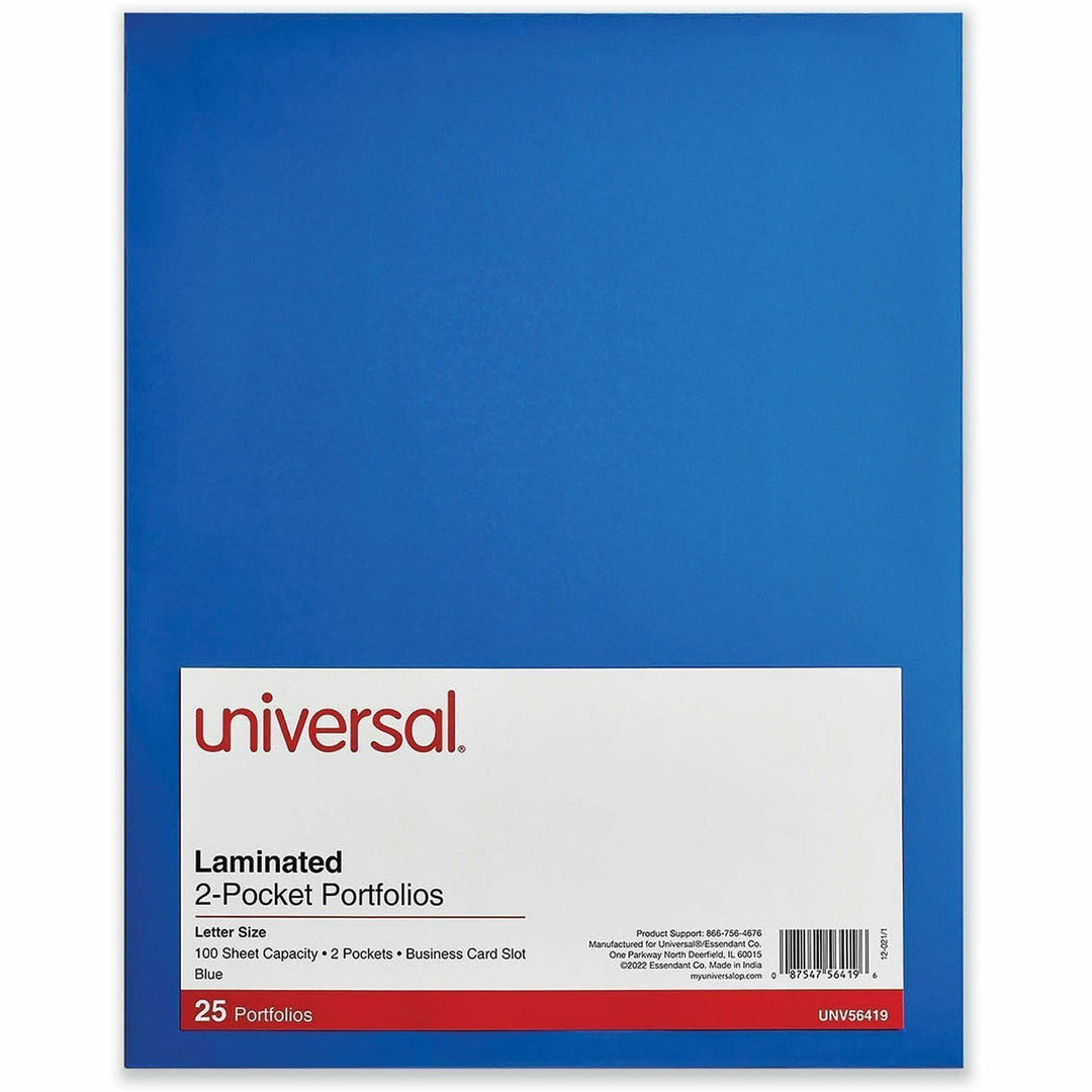 Image of Universal UNV56419 Pocket Folder, 11" x 8 1/2", 100 Sheets Capacity, 2 Inside Front & Back Pocket, Blue, Laminated, 25 / Pack