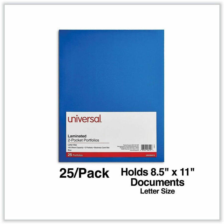 Image of Universal UNV56419 Pocket Folder, 11" x 8 1/2", 100 Sheets Capacity, 2 Inside Front & Back Pocket, Blue, Laminated, 25 / Pack