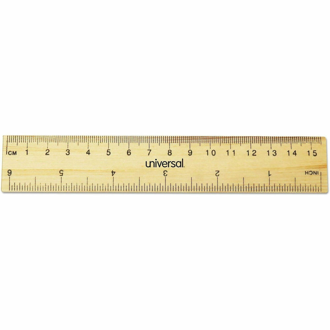 Image of Universal UNV59024 Ruler, 6" L x 1.4" Width, 1/16 Graduations, Standard, Metric Measuring System, Wood, Metal, Brown, 2 / Pack