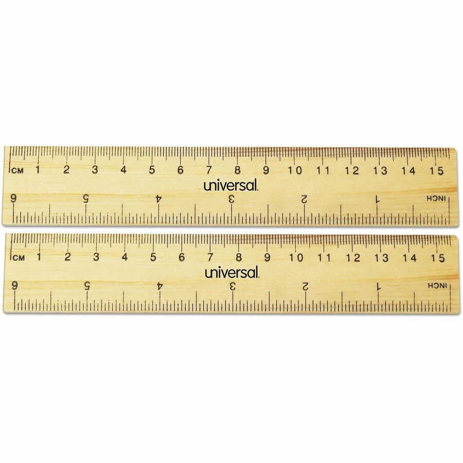 Image of Universal UNV59024 Ruler, 6" L x 1.4" Width, 1/16 Graduations, Standard, Metric Measuring System, Wood, Metal, Brown, 2 / Pack