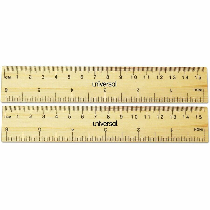 Image of Universal UNV59024 Ruler, 6" L x 1.4" Width, 1/16 Graduations, Standard, Metric Measuring System, Wood, Metal, Brown, 2 / Pack