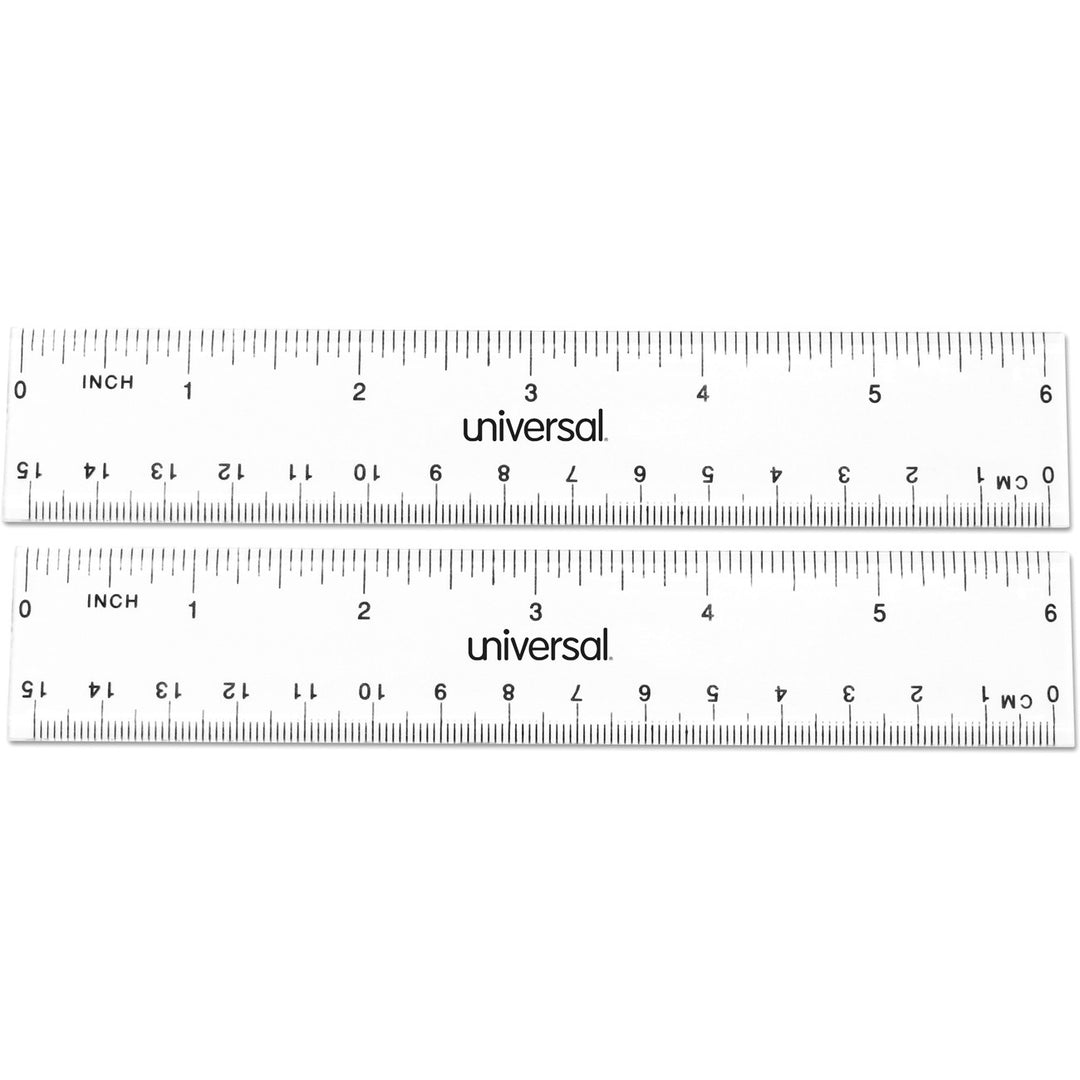 Image of Universal UNV59025 Ruler, 6" Length, 1/16 Graduations, Metric, Standard Measuring System, Plastic, Clear, 2 / Pack