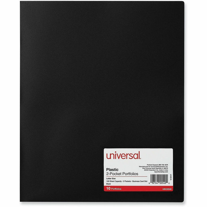 Image of Universal UNV20540 Two-Pocket Plastic Folders, 100-Sheet Capacity, 11 x 8.5, Black, 10/Pack