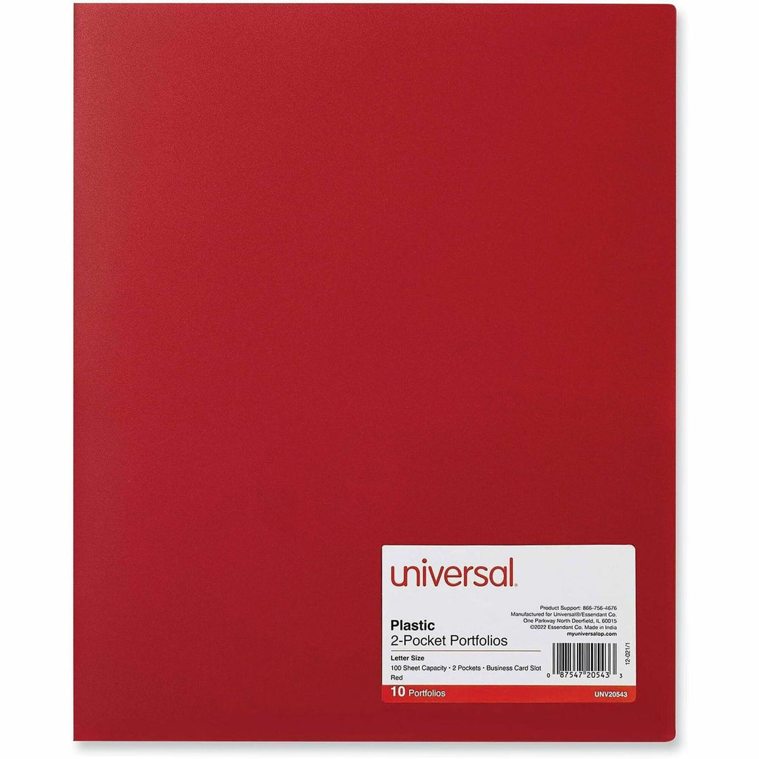 Image of Universal UNV20543 Two-Pocket Plastic Folders, 100-Sheet Capacity, 11 x 8.5, Red, 10/Pack
