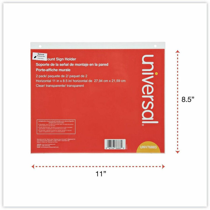 Image of Universal UNV76883 Sign Holder, Rectangular Shape, Wall Mountable, Durable, Top Loading, Pre-drilled, Plastic, Clear, 2 / Pack